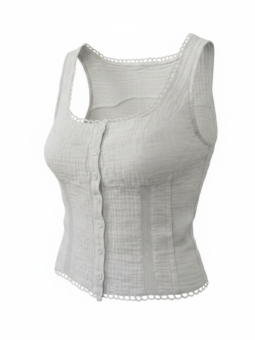 Dazy White Gauze Corset Button Front Tank Top Scallop Lace Trim Fitted Top (XS)